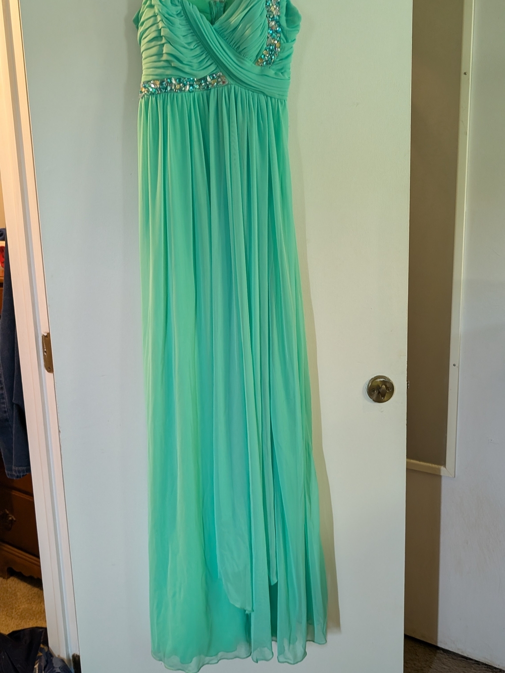 Deb One-Shoulder Aqua Green Embellished Evening Gown